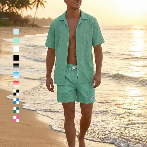 Men's Seersucker Beach Suit Summer Vacation Casual 2-Piece Set Short Sleeve Button Down Shirt T-Shirt Tee Tops Beach Shorts with Side Pockets and Triangle Mesh Lining