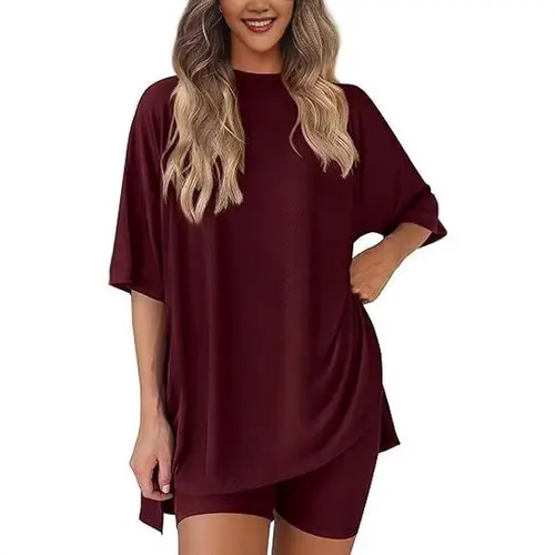 Women's 2 Piece Shorts Set Oversized T Shirt with Side Splits and High Waist Shorts Comfy Solid Lounge and Workout Outfit, XS 4XL