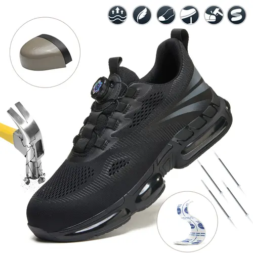 Shenganton Men's Steel Toe Safety Shoes - Lightweight Breathable Knit Upper Mesh Fabric Outdoor Work Shoes, Low-Top, Puncture-Resistant, Easy-On/Off Rotating Button, All-Season Construction Protective Footwear, Men's Shoes, Casual Work & Safety Footwear