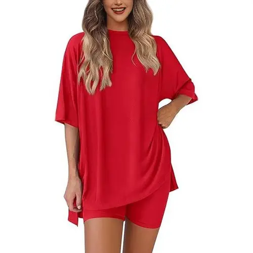 PHEFEE Women's Ultra-Soft 2-Piece Biker Shorts Activewear Set - Essential Half Sleeve Crew Neck Oversized T-Shirt, High Waist Shorts, Drop Shoulder, Plus Size Friendly XS-4XL Daily Wear, Chic, Slip