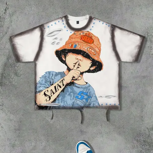Men's Fashion Casual Vintage Cartoon Fisherman Hat Print Saint Letter Trendy Street Cut Hole Design Short Sleeve Round Neck Fitted Streetwear Menswear T-Shirt Tops Casual Graphic Tee
