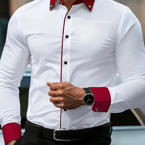 Men's Luxury Colorblock Business Shirt, Long Sleeve Iron-Free Slim Fit, Collar Lapel Formal Dress Shirt, Casual All Seasons, Collared Shirts