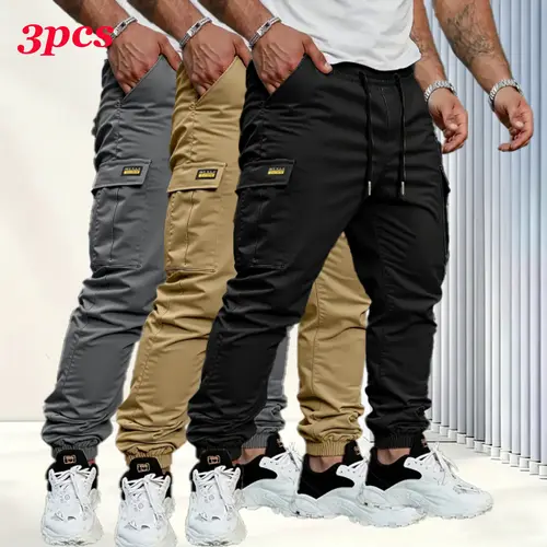 Men's solid color tactical work pants with multiple pockets and drawstring design, durable outdoor training pants, available in multiple colors, suitable for fishing, outdoor activities, work, hiking, camping, and spring and autumn wear. ？ 。 。, Activewear
