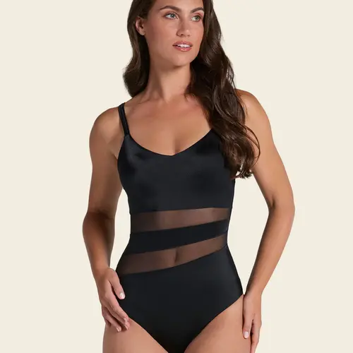 Leonisa Powerline Swimsuit One-Piece Slimming Swimwear with Mesh Stripes in Front - Tummy Control for Women Bathing Suit