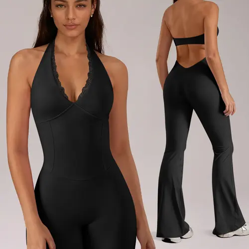 Women's Halter Neck Yoga Jumpsuit, Yoga Workout Jumpsuits, Lace Patchwork V Neck Removable Pads Hollow Out Backless, Sleeveless Tummy Control Solid Color High Stretch Workout Utitard For Yoga Gym Sports Dailywear