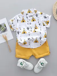 Baby Toddler Summer Full-Print Pyramid Cartoon Shirt and Shorts Set, Beach-Style Casual Two-Piece Outdoor Play Outfit Clothing