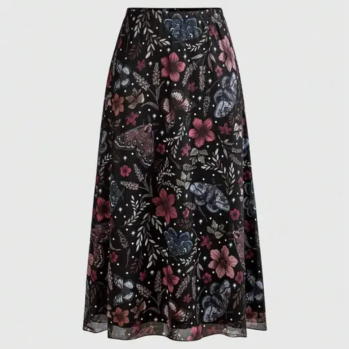 Women's Gothic Bat Skull Moon Pumpkin Floral Print A-Line Loose Skirt, Bohemian Style Skirt, Vintage Boho Bohemian Fairy Butterfly Moth Pattern, Versatile Punk Half-Sleeve Dress Womenswear