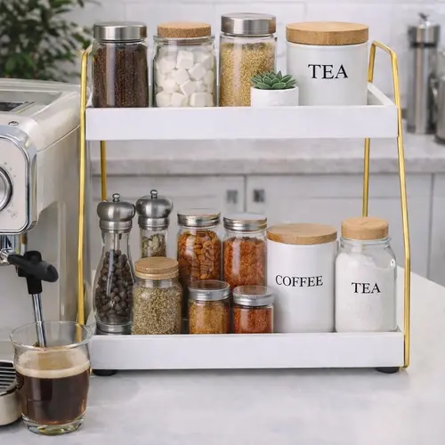 2 Tier Countertop Organizer – Coffee Bar Organizer Shelf, Kitchen Counter Organizer with Metal Frame & Tray Shelves, Space Saving Storage Rack for Coffee Station, Bathroom, Spices & Vanity