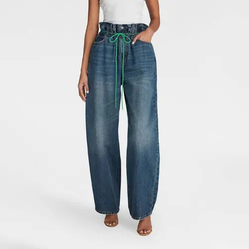 KBB by KAHLANA Lady's Basic Statement Denim Garment - Women's Paper Bag Barrel Leg Jeans, Belt-Included Waist, Button Closure, Functional Pockets