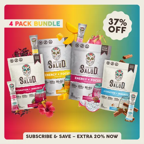Salud 2-in-1 [Starter - All-In-One] Agua Fresca Drink Mix, Energy + Focus & Hydration + Immunity, Organic Caffeine, B6 & B12, Electrolytes, Elderberry, Non-GMO, Vegan, 1g Sugar (4-Pack, 60 Servings)