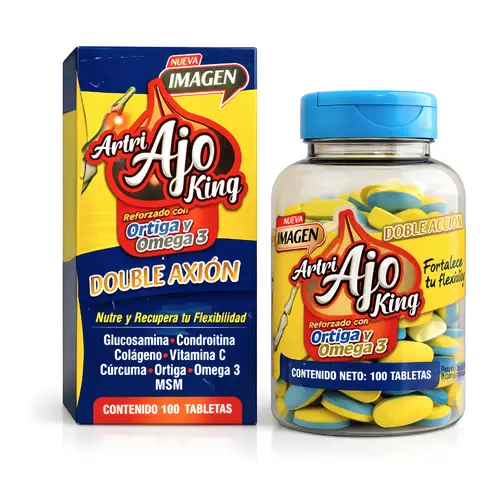 Artri Ajo king - 100caps DOUBLE AXION |  Reforzado con Ortiga Omega 3 Glucosamina Condroitina Colageno Vitamina C Cúrcuma Ortiga Omega 3 MSM