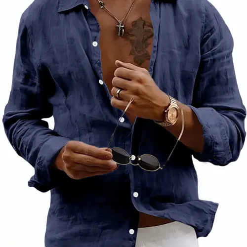 Men's Minimalist Solid Color Button Front Collared Linen Shirt, Lightweight & Breathable Fabric, Casual Long Sleeve Shirt for Beach, Vacation and Daily Wear, Classic Summer Resort Wear