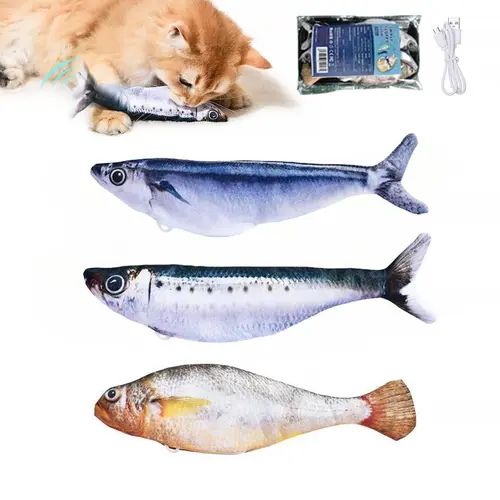 Lifelike Flopping Fish Cat Toy, 3-Pack. Interactive cat toy for all breeds, touch-activated with 3 flipping modes. Available in sardine/ yellowtail/ yellow croaker designs. 7.1 inches, includes catnip, rechargeable., 3 Flapping Modes