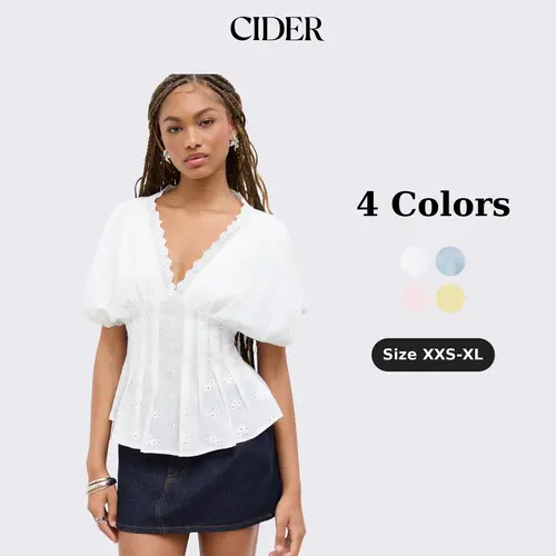 Cider Vintage Summer Broderie Anglaise Blouse for Casual Daily, Elegant Cotton Pleated Tops, Ladies Shirred Shirt, Retro Vacation Outfits, Lady Tops SummerWins SummerFinds
