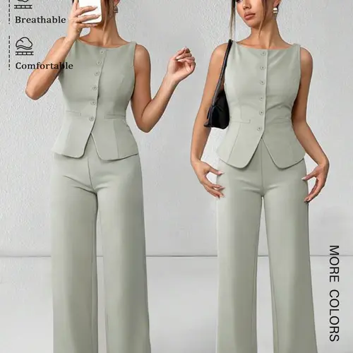 Women's Casual Chic Elegant Fashion Two-Piece Set Suits, Sleeveless Top & Long Pants, Slim Fit, Spring & Fall Wear, High-Quality Office Attire, Breathable Set, Womenswear