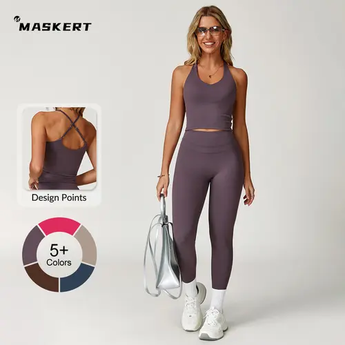 MASKERT Women's Two Piece Set Sports Tank Top & High Stretch Tight Leggings Tummy Control Workout Daily Wear Running Outfits summerwins Athleisure Gym Clothes Fitness Yoga Set