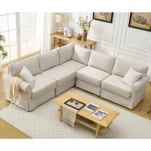 Niccae 5-Seat Modular Convertible Reversible L-Shaped Upholstered Corner Sofa Set with Rolled Arms, Soft Linen Fabric, Dark Gray Sofas for Living Room