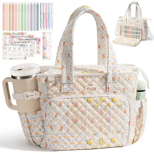 FLOE Large Bible Bag for Women Bible Cover Case, Quilted Puffer Bible Tote Bag Church Bag w/Shoulder Strap, Bible Study Supplies Journaling Kit Accessories Mothers Day Easter Christian Gifts for Women Mom,dorm essentials,home decor