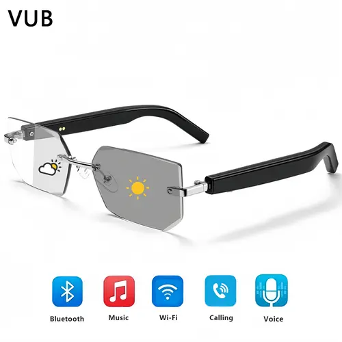 Smart Glasses Rimless Smartglasses with Bluetooth Speaker,Remote Control Photo Taking/Indoor Protection Voice Control (Anti-Bluelight Lenses)