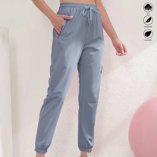 Women's Summer Drawstring Workout Joggers - Cool-Feel Elastic Cuffed Sports Pants with Zippered Pockets, Comfortable Trousers for Running, Gym, Drawstring Joggers, Workout Jogger,travel essentials,camping essentials