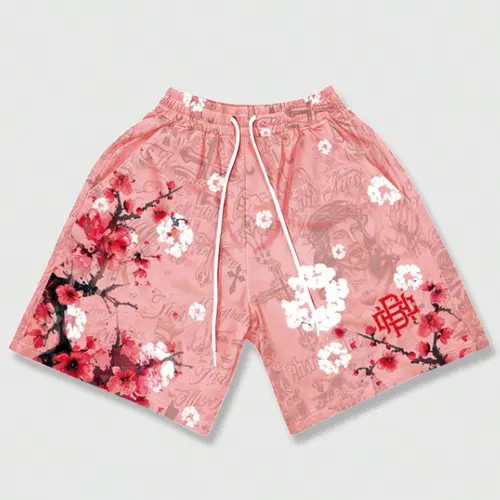 Men's Cherry Blossom Full-Print Drawstring Sport Shorts, Trendy Streetwear, Casual Shorts, Beach Shorts for Summer, Loose Fit Shorts