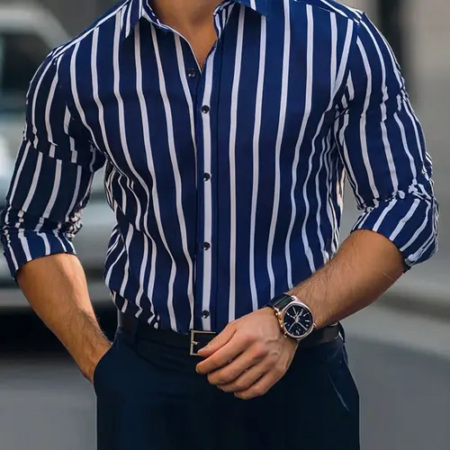 Men's Blue Vertical Striped Long Sleeve Shirt, Casual Striped Design, Fitted Iron-Free Anti-Wrinkle Commuter Formal Wear, Casual Business Style, Casual Everyday Wear, Top, Casual Fitted Collared, Menswear