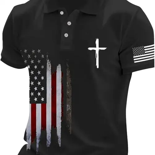 Flag-Themed Breathable Quick-Dry Golf Shirt, Lightweight Stretch Polyester Polo with Button Design, Casual Tournament Top for Summer Office Wear, Daily Use, Casual Sports Tops and Summer Sports Clothing