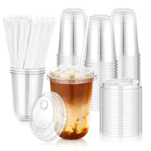 Kesaplan 50 Pack 400ml Dual-hole 2 Purpose Clear Plastic Cups with Sip Lids & Straws，Disposable Elevated Dual-hole Lid Round Bottom To Go Cup for Iced Coffee Cold Beverage Juice Smoothie Lemonade Party Catering Supplies