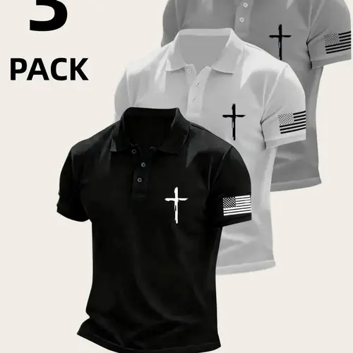3 Pcs Breathable Quick-Dry Golf Polo Shirts, Outdoor Sportswear, Summer Lightweight Stretch Activewear, Athletic Apparel, Polyester Button Athletic Polo Top, Breathable Athletics for Office, Yacht and Daily Wear