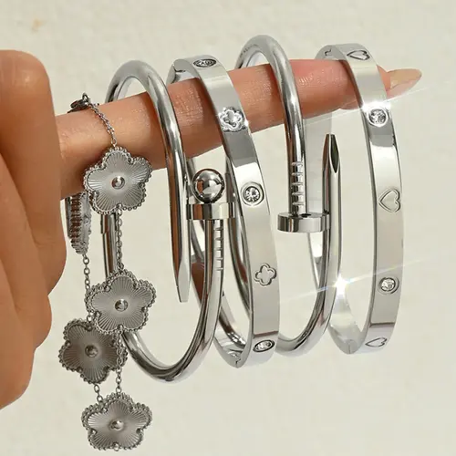5-Piece Elegant Rhinestone Stainless Steel Bangle Set, Bracelet Set, Four-Leaf Clover & Heart & Five-Petal Flower Decor, Stacked Design, Valentine's Day Gift