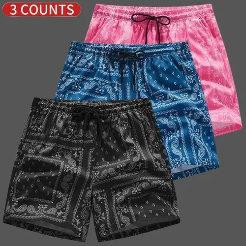 Men's 3-Pack Paisley Drawstring Shorts - Elastic Waistband, Pockets, Breathable, Casual Sports Style for Summer Everyday Wear, Must-Have Spring Item, Men's Shorts
