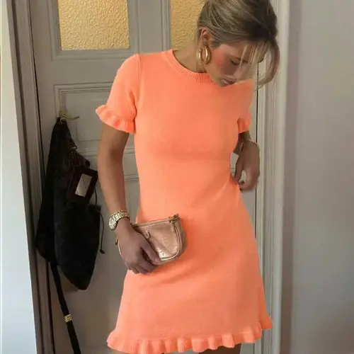 Women's Spring Autumn Fashion Basic Solid Color Round Neck Ruffle Trim Short Sleeve Casual Knit Dress, Simple, Stylish and Comfortable, Casual Plain Dress