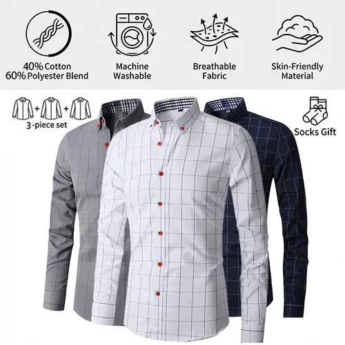 3PCS Men’s Casual Plaid Shirt, Suitable for All Seasons, Can Be Worn as Outerwear or Layered Underneath, Ideal for Business Travel and Everyday Casual Wear st patrick's day Long Sleeve Checked