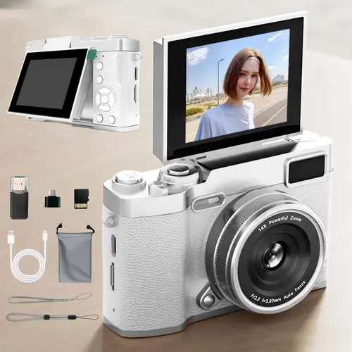 Flip Screen Retro Digital Camera, Compact Portable Camera for Teens, Cute Pocket Camera with Filters & Memory Card, Entry-Level Camera, Digital Zoom, Perfect Gift for Christmas, Back to School & New Year