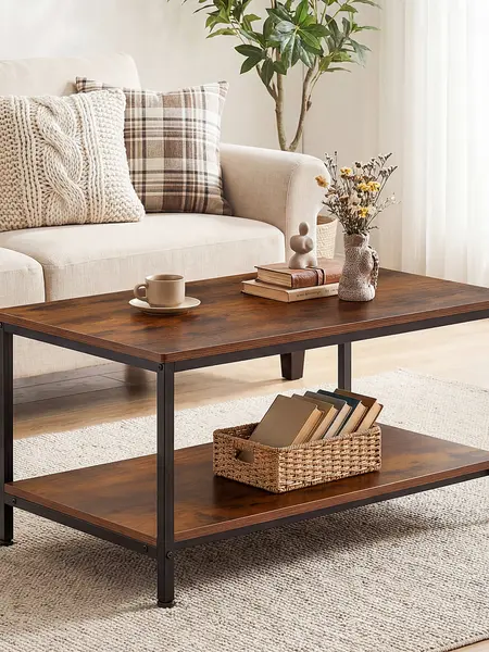 31.5" Coffee Table for Living Room, 2-Tier Center Table with Open Storage Shelf and Metal Frame, Modern Rectangle Tea Table, Industrial Wood Look Surface