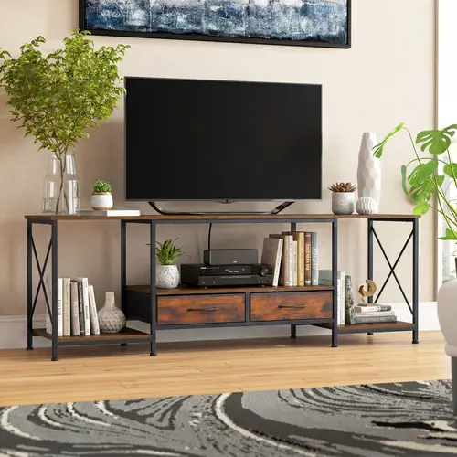 Sweetcrispy Industrial TV Stand - Easy Install Engineered Wood TV Stands & Multimedia Centres Furniture with Power Outlets, 2 Fabric Drawers, Open Shelves, Living Room Furniture for Living Room, Bedroom
