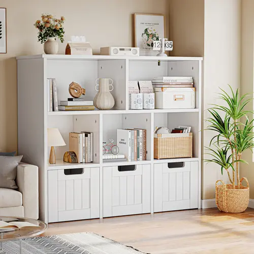 Bookcase with 3 Movable Drawers, Home office Cube Storage Unit, Toy Storage Organizer with 5 Open Cubbies, Multifunctional Floor Storage Chest