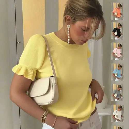 Women's Spring, Summer and Fall Fashion Minimalist T-Shirt, Solid Color, Round Neck, Pleated Short Sleeve, Casual Basic Loose Wool Knit Top, Womenswear
