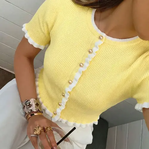 Women's Casual Elegant Ruffle Knitwear Cardigan Top, Round Neck Button-Front Short Sleeve Knitting Design, Daily Wear Dressy Top for Spring and Summer