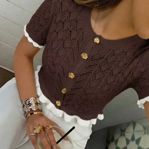 Women's Summer Hollow Out Knit Top, Knit Sweaters, Fitted Knitwear, Aesthetic Casual Knitwear, Elegant Patchwork Design, Perfect for Casual Everyday Daily Wear & Dates, Stylish Ladies' Fashion Womenswear
