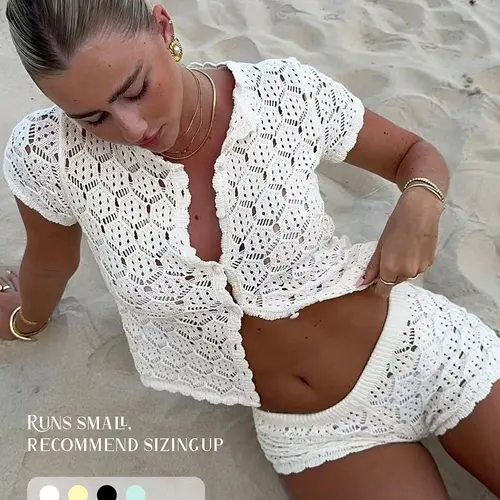 Women's Summer Crochet Mesh Hollow Out Short Sleeve Knit Cardigan Set, Sexy Slim-Fit Two-Piece Clubwear, Cover-Ups for Vacation and Beach, Crochet Cover-Ups, Beachwear, Swimwear Coverups
