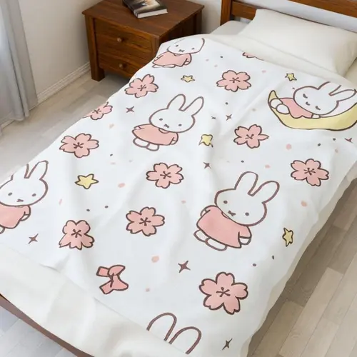 Cutecore Pink Sleep Bunny Kawaii Blanket, Ultra-Soft Velveteen Plush, Cozy Warm Blush Pink Floral Throw for Bedroom Couch, Room Decor for Girls, Aesthetic Room Decor, Bedding Gift for Kids Teens
