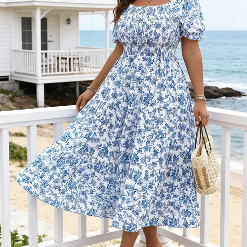 Plus Size Women's Ditsy Floral Casual Beach Dress, Elastic Waist Slimming Square Neck Bubble Sleeve, European Style Long Maxi Skirt for Summer