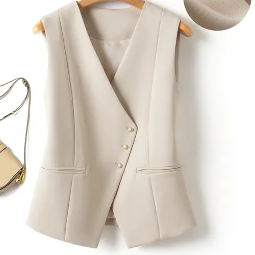 Women's V Neck Cross Button Vest Jacket, Spring & Fall Office Business Slim Fit Casual Outerwear, Versatile Daily Wear Top