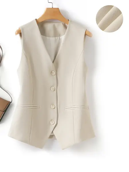 Women's Short V-Neck Sleeveless Single-Breasted Plain Suit Vest Tops, Spring & Fall Business Casual Office Commuter Style Layered Wear, Fashion Slim Fit Outerwear Jacket