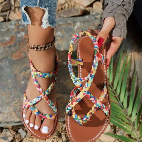 Women's Summer Woven Boho Shoes Casual Sandals with Colorful Floral Pattern, Lightweight Comfortable Design for Casual Occasions