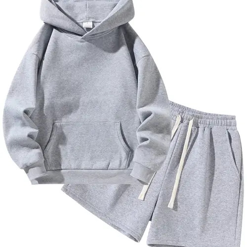 Men's Two-Piece Hoodie & Shorts Set, Athleisure Set,, Activewear Workout Set, Casual Solid Color Fitness Sportswear, Soft Homewear for Gym and Daily Wear, Loose Fit Long Sleeve Hoodie, Fleece-lined, Sporty Casual Set
