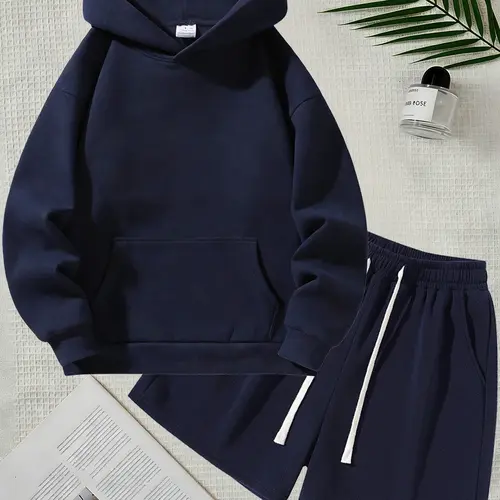 Men's Casual Solid Color Sportswear Set, Casual Activewear Set, Casual Sporty Set, Hooded Sweatshirt & Shorts, Unisex Homewear, Suitable for Daily Wear and Outdoor Activities