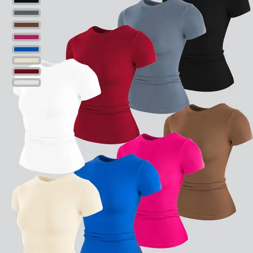 Women's Elastic Seamless Fitted Short Sleeve T-Shirt, Yoga Wear Casual Quick Dry Fitness Top, Running Sportswear, Gym Workout Tee, Fitness Apparel, Workout Clothes Women