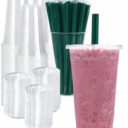 Summer Wins Kesaplan 50Pack 32oz Thicker Clear Plastic Cups with Lids and Thicker Straws with Paper-wrapped Disposable Drinking Cups Totally Satisfied Large capacity for Cold Drinks, Iced Coffee, Milkshakes, Smoothies